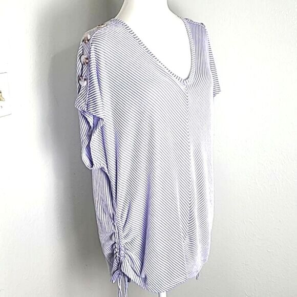 French Laundry Blue & White Pinstripe Top Buttons on Shoulders & Ruching… - Picture 2 of 8